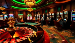 Experience thrilling gaming action at https://ok88.tech/ with engaged players, vibrant slot machines, and luxurious casino decor.