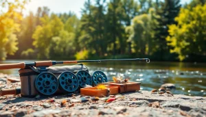 Showcase of a Fly fishing kit along a riverbank, highlighting essential gear for an outdoor experience.