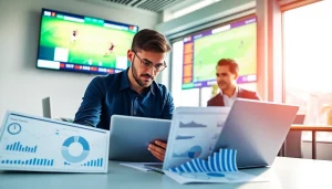 Analyze บ้านผลบอลวันนี้ statistics with a professional soccer analysis scene showcasing data and collaboration.