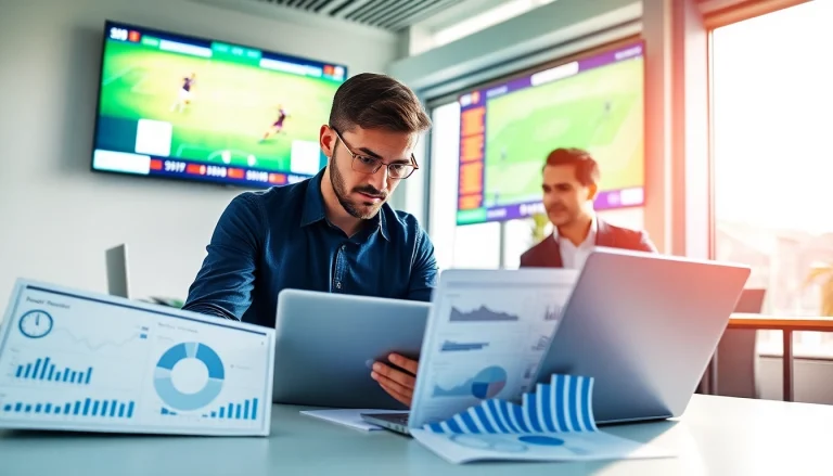 Analyze บ้านผลบอลวันนี้ statistics with a professional soccer analysis scene showcasing data and collaboration.