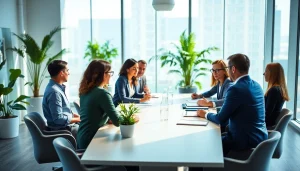 1cplatform team collaboration in a modern office showcasing diverse professionals in discussion.