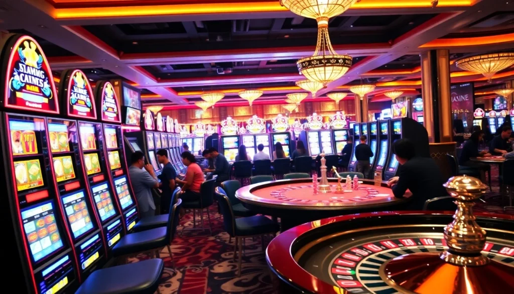 Experience the thrill of 'slot gacor hari ini' in an exciting casino with vibrant slot machines and engaged players.