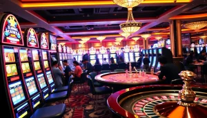 Experience the thrill of 'slot gacor hari ini' in an exciting casino with vibrant slot machines and engaged players.