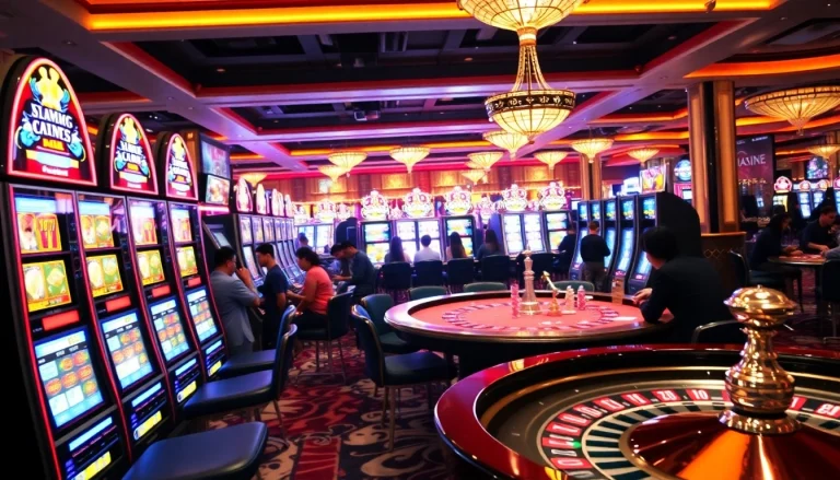 Experience the thrill of 'slot gacor hari ini' in an exciting casino with vibrant slot machines and engaged players.