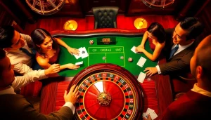 Engaged players enjoy a thrilling GK88 casino experience at a luxurious gaming table with poker chips and cards.