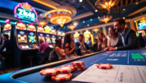 Rasakan sensasi slot depo 5k dengan visual kasino yang hidup dan pemain yang sedang meraih kemenangan.