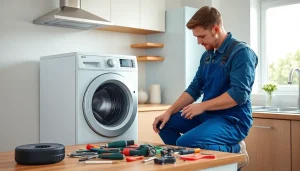 Technician conducting appliance repair in Ottawa, demonstrating expertise in fixing a washing machine.