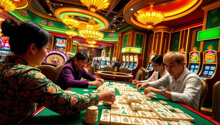 Experience the thrill of Mahjong Ways 2 in a vibrant casino atmosphere, with players immersed in the game.