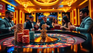 Sbobet players enjoying a high-stakes game at a luxurious casino table, showcasing excitement and professionalism in gambling.