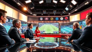 Engaging scene of Sports Broadcasting with presenters discussing live events in a dynamic studio.