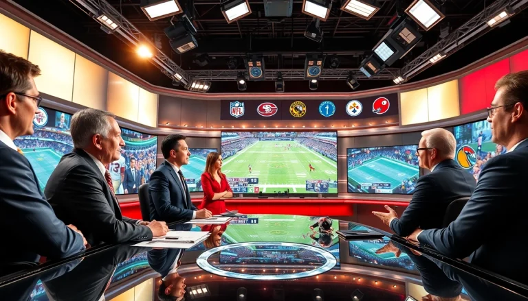 Engaging scene of Sports Broadcasting with presenters discussing live events in a dynamic studio.