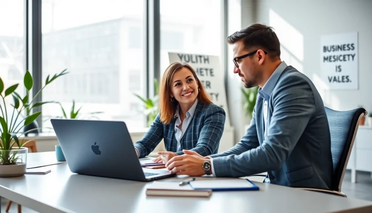 Business coach near me engaging with a client in a modern office setting.
