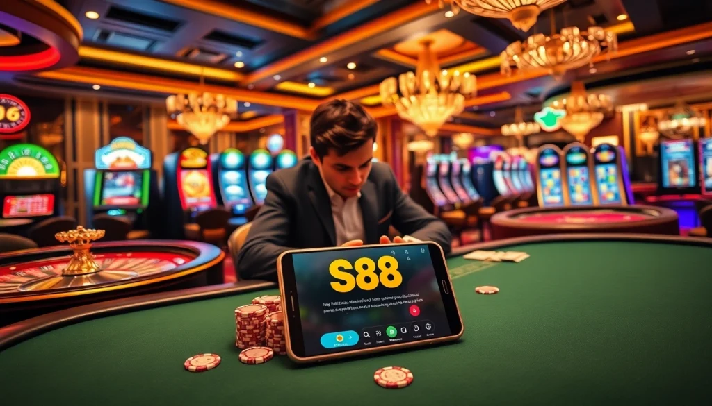 S88 app showcased at a luxurious casino table with cards and chips, capturing the essence of high-stakes gambling.