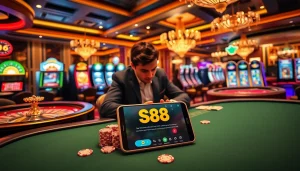 S88 app showcased at a luxurious casino table with cards and chips, capturing the essence of high-stakes gambling.