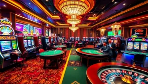 Experience thrilling gaming through Link vào Haywin in a vibrant casino atmosphere filled with slot machines and poker tables.