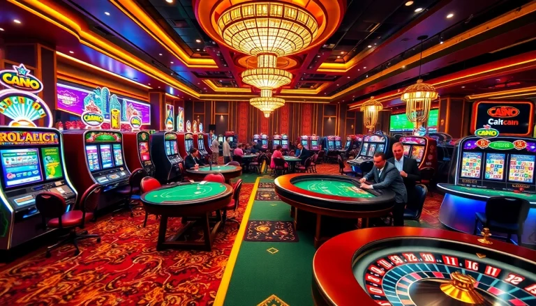 Experience thrilling gaming through Link vào Haywin in a vibrant casino atmosphere filled with slot machines and poker tables.