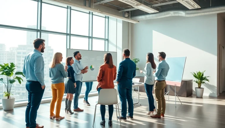Marketing Agency team collaboratively discussing strategies in a modern office.