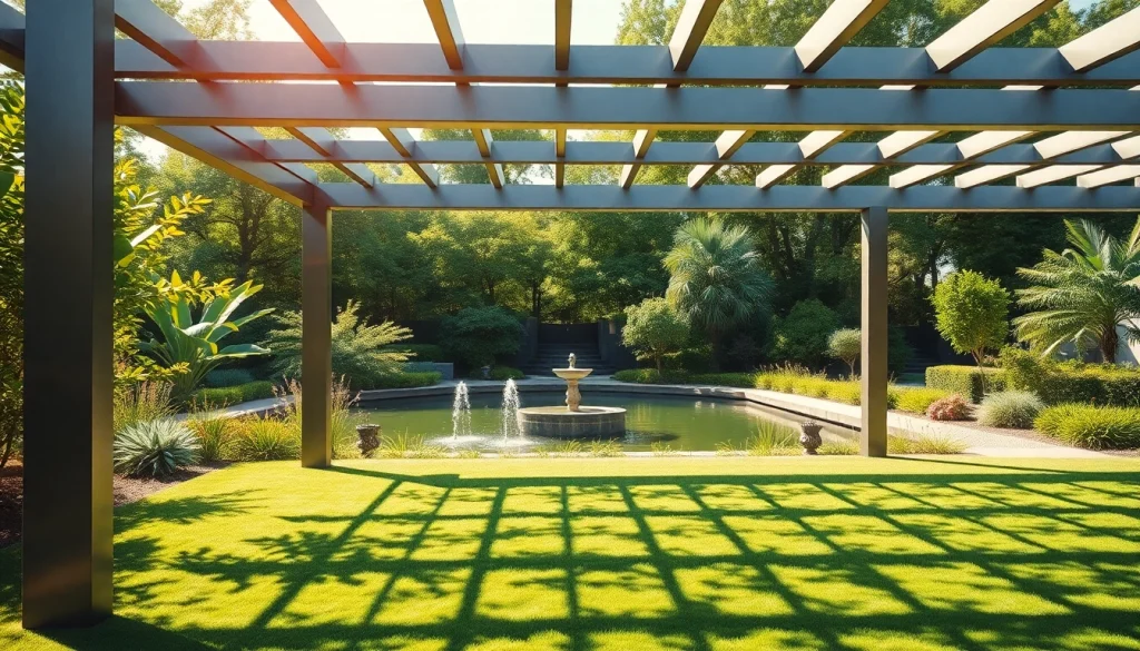 Relax in a beautifully designed modern steel pergola nestled in a lush garden environment.