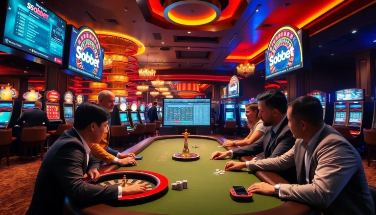 Players placing bets on sbobet with vibrant casino elements showcasing excitement and strategy.