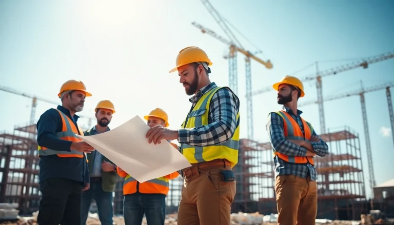 construction association members reviewing plans on a building site with cranes in the background