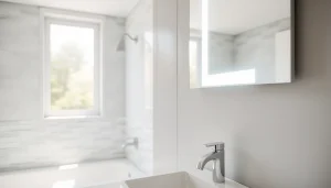 Transform your space with a stylish bathroom mirror with LED light enhancing the ambiance.