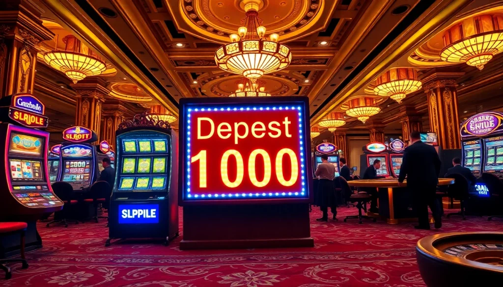 Putar untuk menang di mesin slot Deposit Slot 1000 dalam lingkungan kasino mewah yang penuh kegembiraan.