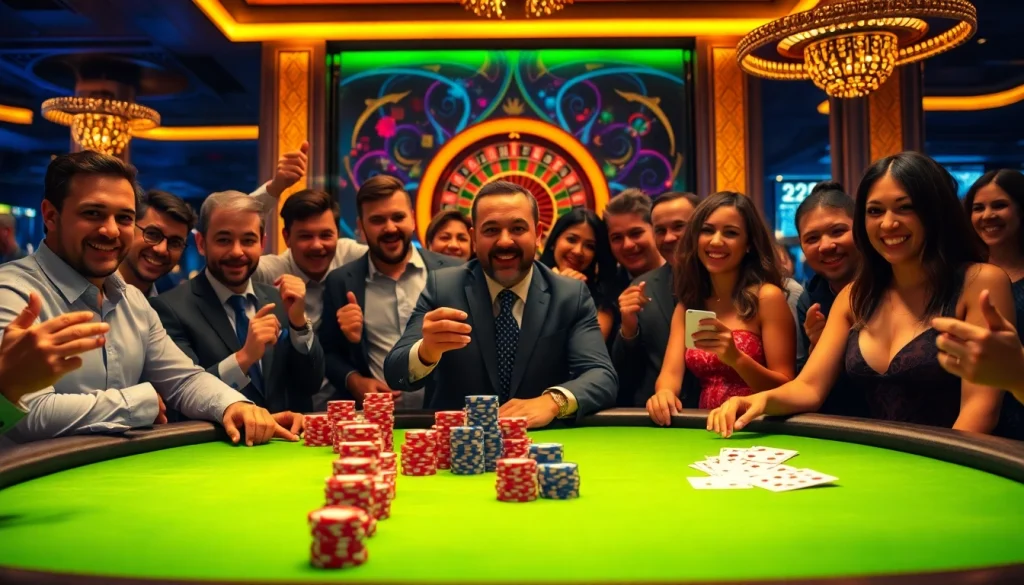 A dynamic gaming scene at 32win casino featuring vibrant players and illuminated roulette wheel.