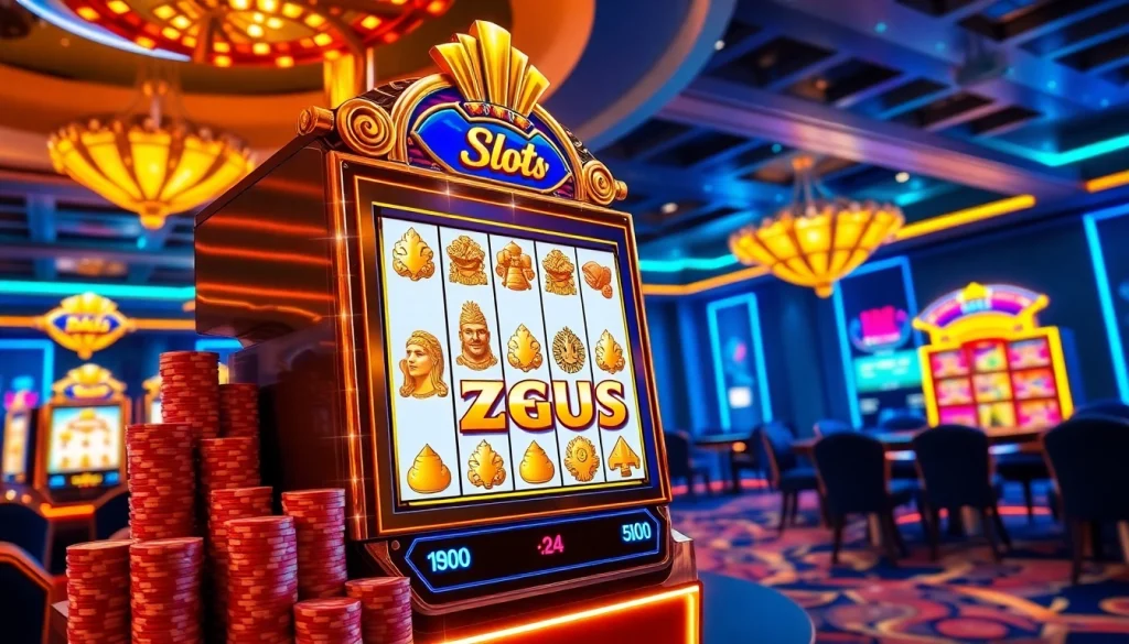 Putar gulungan pada mesin Slot Zeus di lingkungan kasino yang mewah.