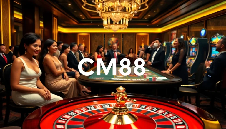 Engage with CM88 in a vibrant casino atmosphere featuring roulette, poker chips, and elegant guests.