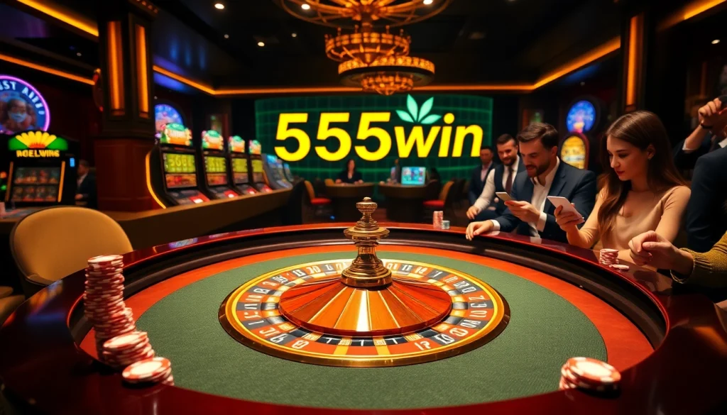 Dynamic casino scene at 555win with roulette and players experiencing excitement.