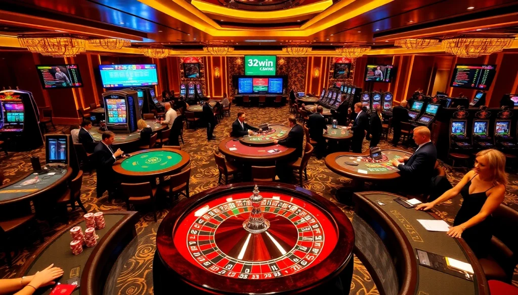 Excited gamblers enjoying games at 32win's luxurious casino tables with vibrant atmosphere.