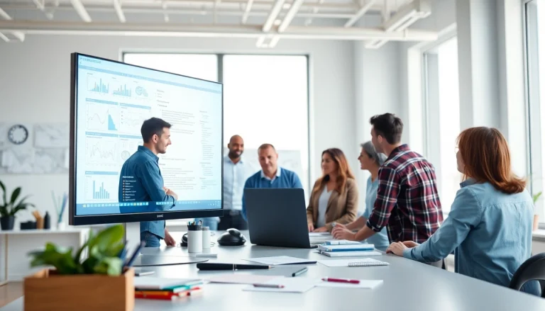 Creative team collaborating on web design essex for trades in a modern office environment.