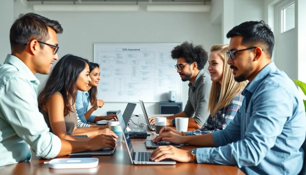 Engaged professionals working on remote quality assurance jobs in a collaborative office environment.