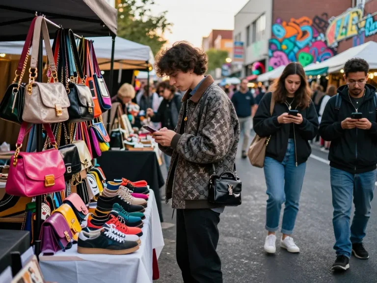 Fashionable individual exploring 레플리카 accessories in a bustling urban market, vibrant scene with colorful handbags and street art.