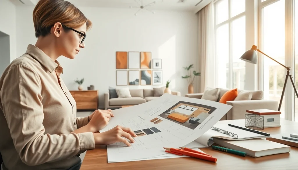 Architekt wnętrz online projektuje nowoczesny pokój dzienny z mood boardem.