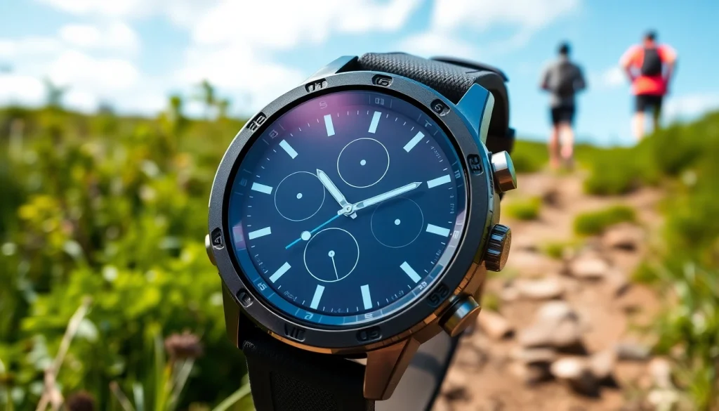 Engaging Explorer GPS Smart Watch on a hiking trail, showcasing its features and vibrant design.