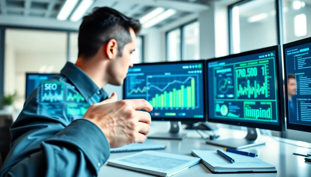 Visual representation of a professional using a meta tags checker in a bright office.