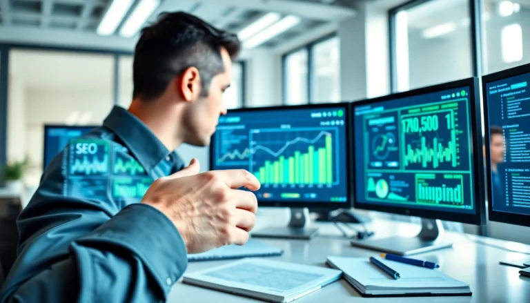 Visual representation of a professional using a meta tags checker in a bright office.