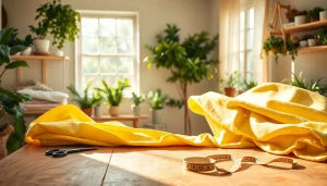 Katoen stof per meter, kleurrijke stoffen en naaiaccessoires in een gezellige werkruimte.