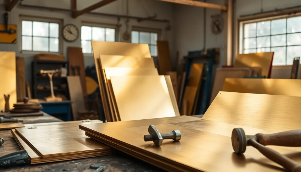 Tabla alama lucrată, evidențiindu-și nuanța aurie și textura într-un atelier.