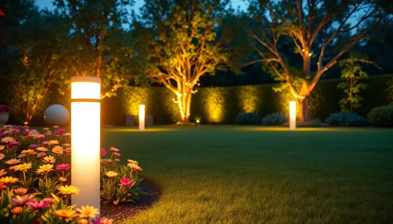 Tuinverlichting in een prachtig verlichte tuin met stijlvolle buitenlampen en bloeiende planten.