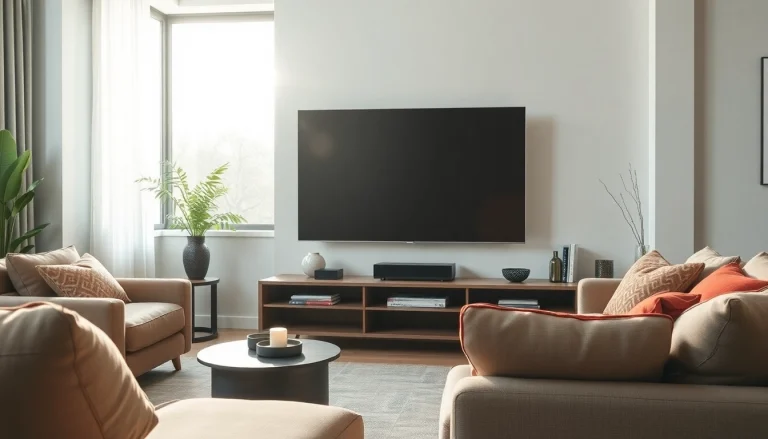 Oglądaj filmy na telewizorze 55 cali w nowoczesnym, przytulnym salonie.