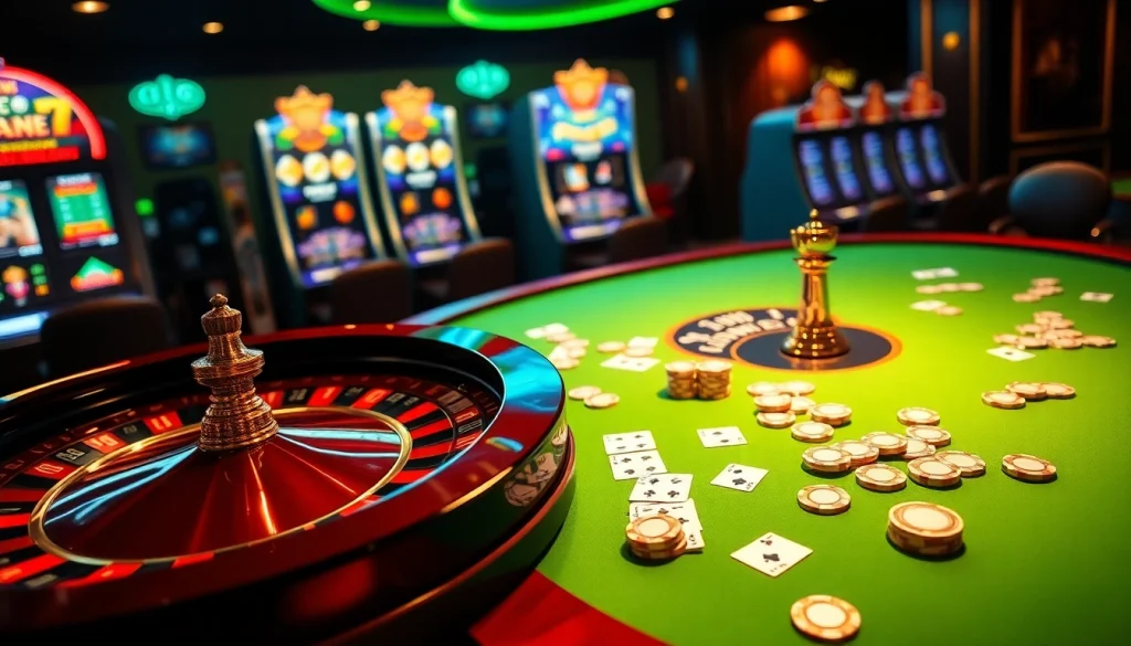 Engaging scene of LUCK8 casino experience with vibrant tables, cards, and roulette for enthusiastic gamblers.