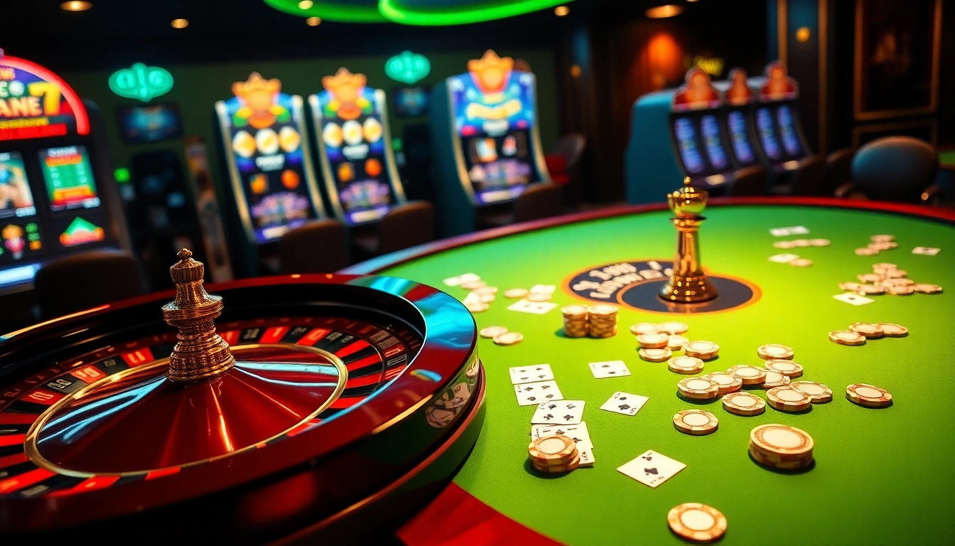 Engaging scene of LUCK8 casino experience with vibrant tables, cards, and roulette for enthusiastic gamblers.