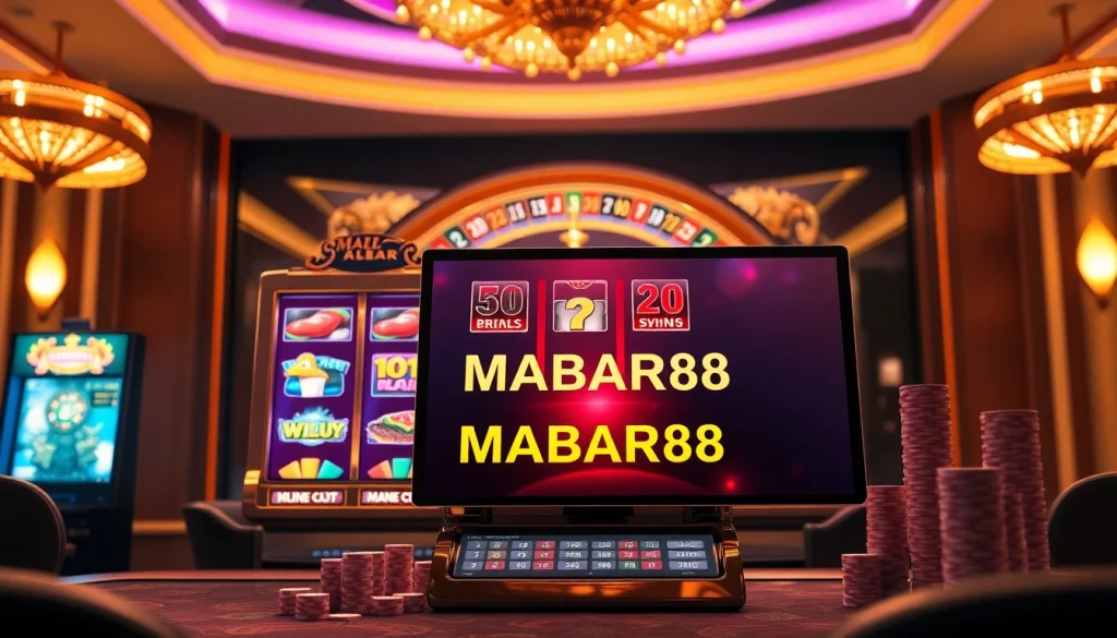 Mesin slot MABAR88 Online dalam suasana kasino mewah dengan gulungan berwarna-warni dan roda roulette.