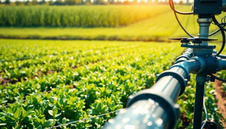 Land irrigation setup efficiently watering lush crops in a modern agricultural field.