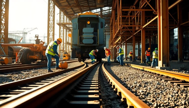 Workers engaging in railroad construction, laying tracks under bright sunlight, showcasing teamwork and precision.