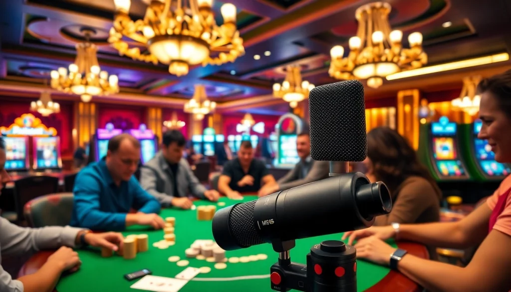 Players enjoy a poker game while capturing the moment with MV 88 microphones at a vibrant casino.