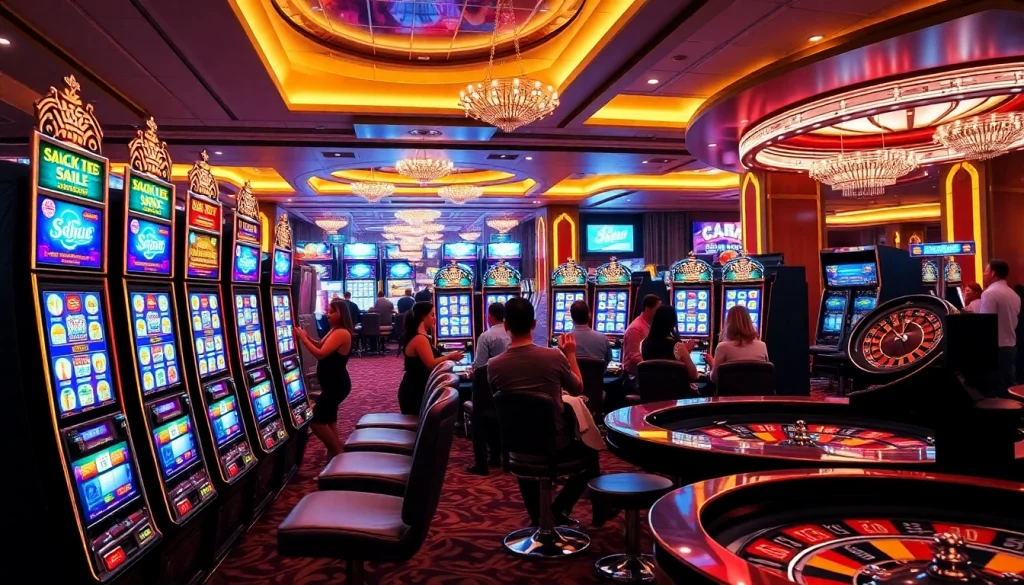 Pemain yang bersemangat berinteraksi dengan mesin slot yang penuh warna di lingkungan kasino mewah; jmacdonaldphoto.com meningkatkan sensasi berjudi.