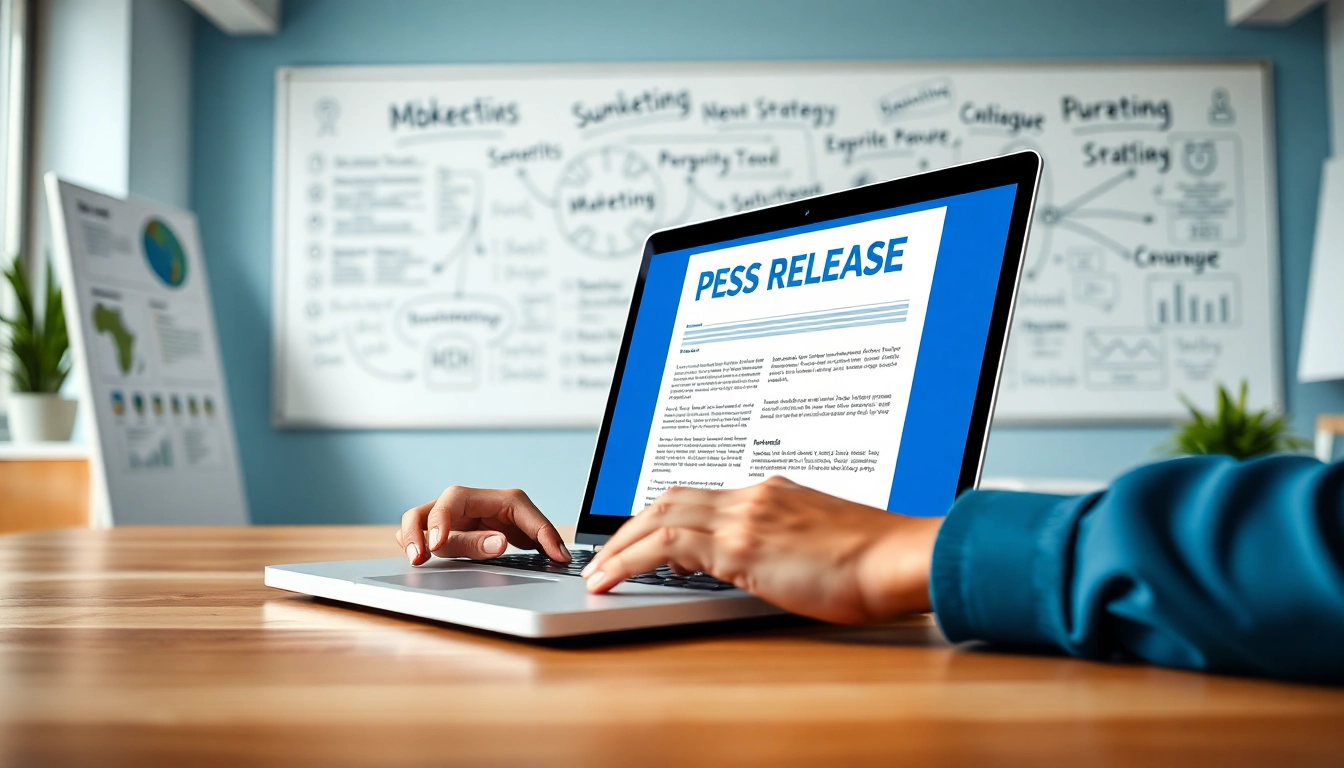 Engaging press release submission in a professional workspace on a laptop screen.